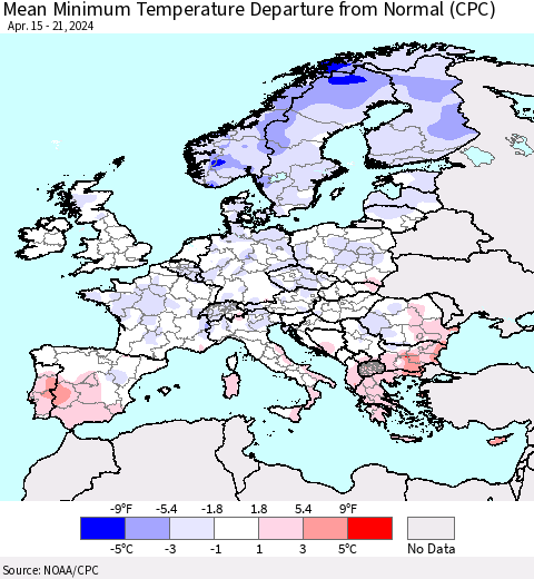 Europe Mean Minimum Temperature Departure from Normal (CPC) Thematic Map For 4/15/2024 - 4/21/2024