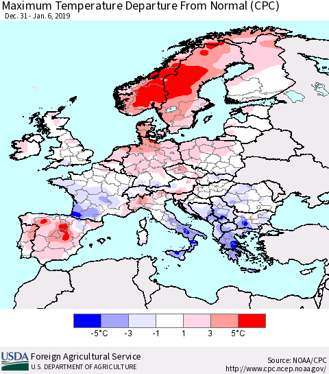 Europe Mean Maximum Temperature Departure from Normal (CPC) Thematic Map For 12/31/2018 - 1/6/2019