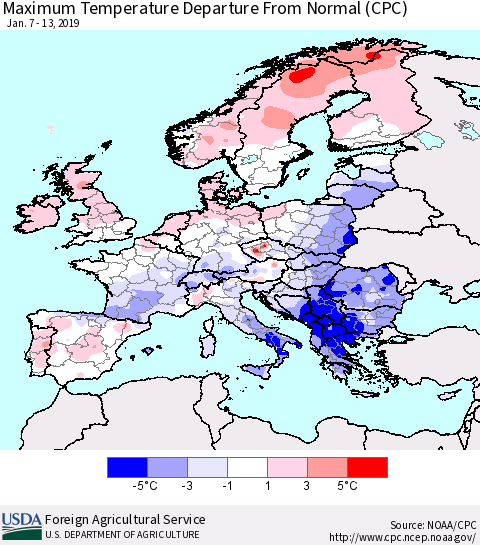 Europe Mean Maximum Temperature Departure from Normal (CPC) Thematic Map For 1/7/2019 - 1/13/2019