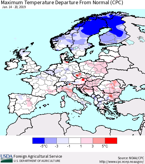 Europe Mean Maximum Temperature Departure from Normal (CPC) Thematic Map For 1/14/2019 - 1/20/2019