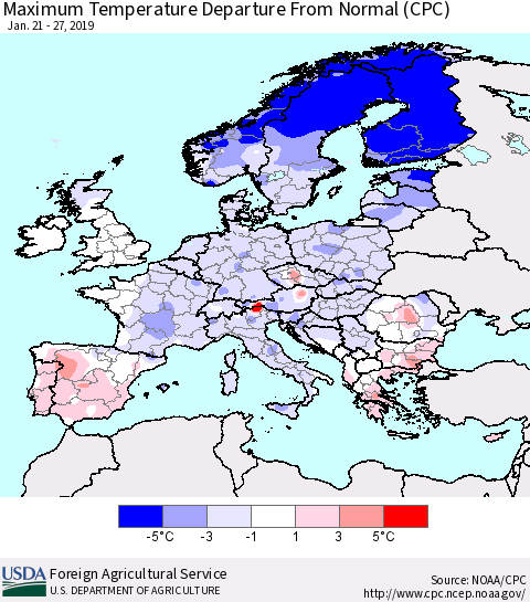 Europe Mean Maximum Temperature Departure from Normal (CPC) Thematic Map For 1/21/2019 - 1/27/2019