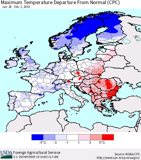 Europe Mean Maximum Temperature Departure from Normal (CPC) Thematic Map For 1/28/2019 - 2/3/2019