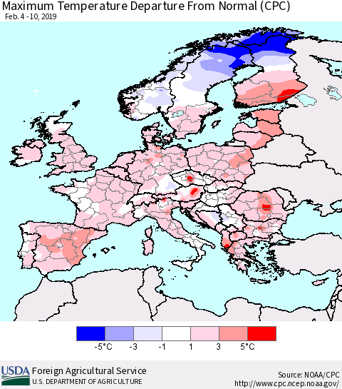 Europe Mean Maximum Temperature Departure from Normal (CPC) Thematic Map For 2/4/2019 - 2/10/2019