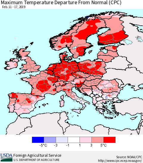 Europe Mean Maximum Temperature Departure from Normal (CPC) Thematic Map For 2/11/2019 - 2/17/2019