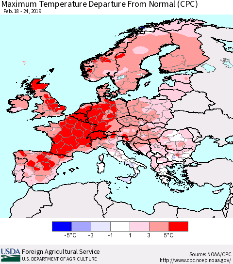 Europe Mean Maximum Temperature Departure from Normal (CPC) Thematic Map For 2/18/2019 - 2/24/2019