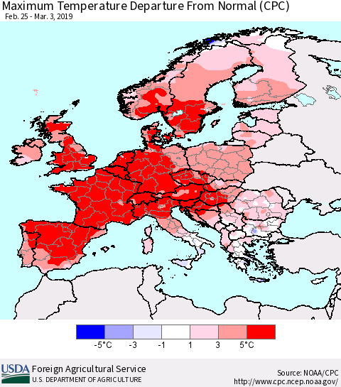 Europe Mean Maximum Temperature Departure from Normal (CPC) Thematic Map For 2/25/2019 - 3/3/2019