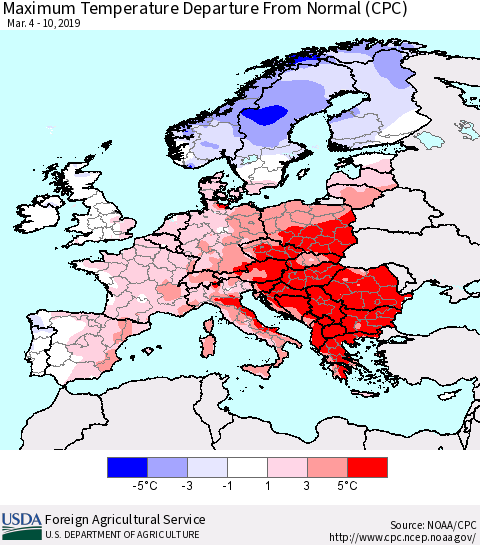 Europe Mean Maximum Temperature Departure from Normal (CPC) Thematic Map For 3/4/2019 - 3/10/2019