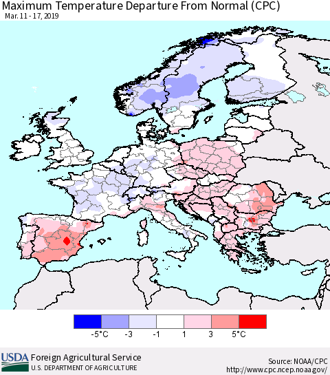 Europe Mean Maximum Temperature Departure from Normal (CPC) Thematic Map For 3/11/2019 - 3/17/2019