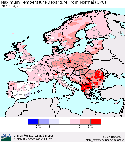 Europe Mean Maximum Temperature Departure from Normal (CPC) Thematic Map For 3/18/2019 - 3/24/2019