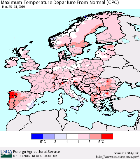 Europe Mean Maximum Temperature Departure from Normal (CPC) Thematic Map For 3/25/2019 - 3/31/2019