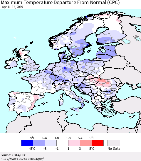 Europe Mean Maximum Temperature Departure from Normal (CPC) Thematic Map For 4/8/2019 - 4/14/2019