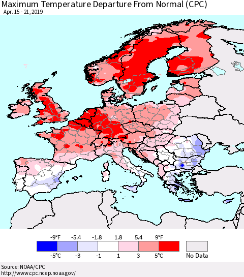 Europe Mean Maximum Temperature Departure from Normal (CPC) Thematic Map For 4/15/2019 - 4/21/2019