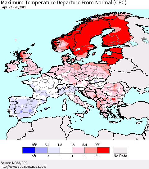Europe Mean Maximum Temperature Departure from Normal (CPC) Thematic Map For 4/22/2019 - 4/28/2019