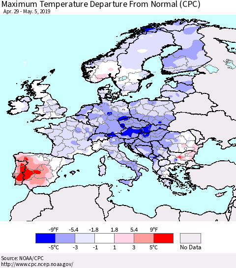 Europe Mean Maximum Temperature Departure from Normal (CPC) Thematic Map For 4/29/2019 - 5/5/2019