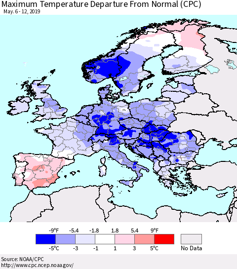 Europe Mean Maximum Temperature Departure from Normal (CPC) Thematic Map For 5/6/2019 - 5/12/2019