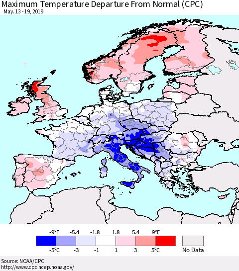 Europe Mean Maximum Temperature Departure from Normal (CPC) Thematic Map For 5/13/2019 - 5/19/2019