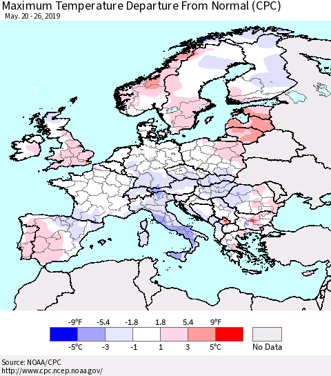 Europe Mean Maximum Temperature Departure from Normal (CPC) Thematic Map For 5/20/2019 - 5/26/2019