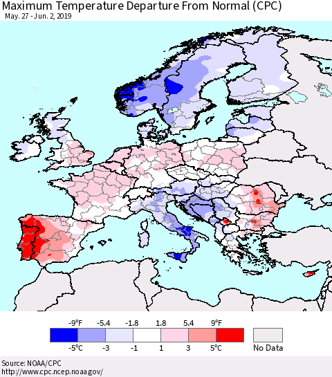 Europe Mean Maximum Temperature Departure from Normal (CPC) Thematic Map For 5/27/2019 - 6/2/2019