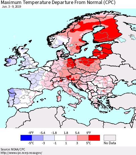 Europe Mean Maximum Temperature Departure from Normal (CPC) Thematic Map For 6/3/2019 - 6/9/2019