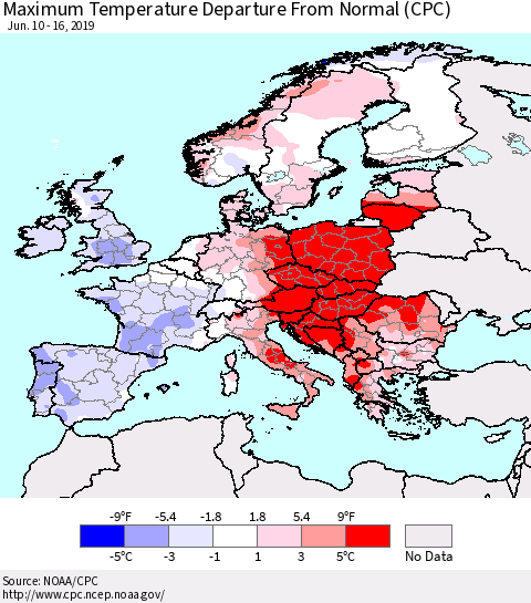 Europe Mean Maximum Temperature Departure from Normal (CPC) Thematic Map For 6/10/2019 - 6/16/2019