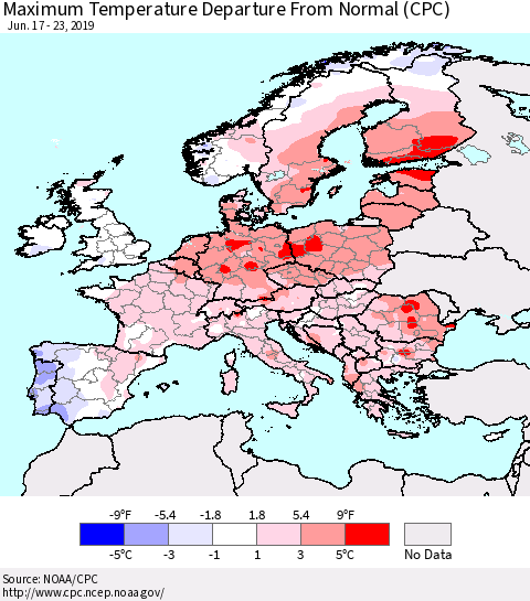 Europe Mean Maximum Temperature Departure from Normal (CPC) Thematic Map For 6/17/2019 - 6/23/2019