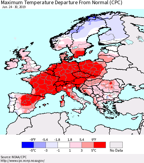 Europe Mean Maximum Temperature Departure from Normal (CPC) Thematic Map For 6/24/2019 - 6/30/2019