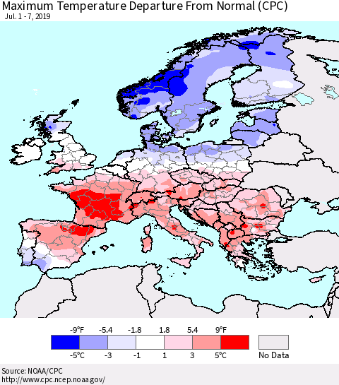 Europe Mean Maximum Temperature Departure from Normal (CPC) Thematic Map For 7/1/2019 - 7/7/2019