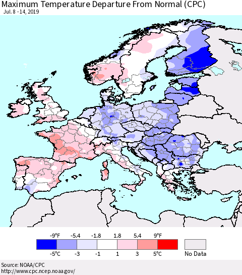 Europe Mean Maximum Temperature Departure from Normal (CPC) Thematic Map For 7/8/2019 - 7/14/2019