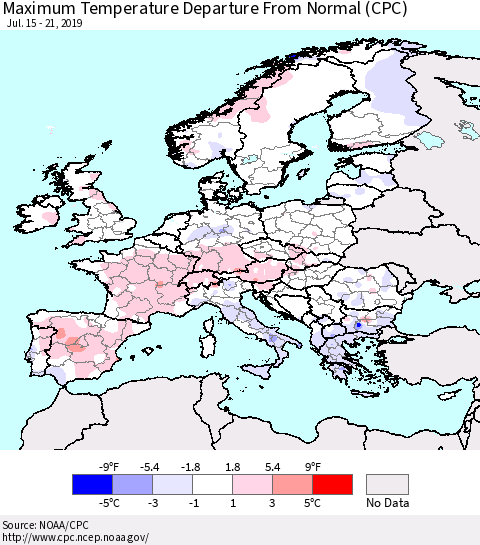 Europe Mean Maximum Temperature Departure from Normal (CPC) Thematic Map For 7/15/2019 - 7/21/2019