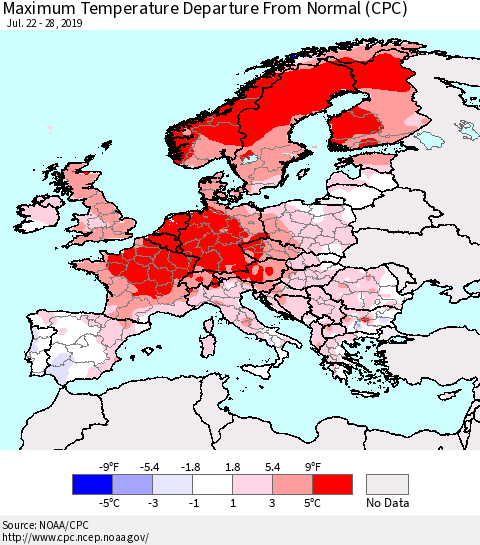 Europe Mean Maximum Temperature Departure from Normal (CPC) Thematic Map For 7/22/2019 - 7/28/2019
