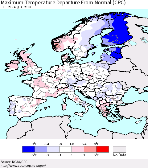 Europe Mean Maximum Temperature Departure from Normal (CPC) Thematic Map For 7/29/2019 - 8/4/2019