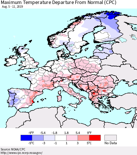 Europe Mean Maximum Temperature Departure from Normal (CPC) Thematic Map For 8/5/2019 - 8/11/2019