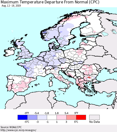 Europe Mean Maximum Temperature Departure from Normal (CPC) Thematic Map For 8/12/2019 - 8/18/2019