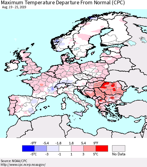 Europe Mean Maximum Temperature Departure from Normal (CPC) Thematic Map For 8/19/2019 - 8/25/2019
