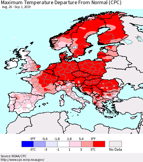 Europe Mean Maximum Temperature Departure from Normal (CPC) Thematic Map For 8/26/2019 - 9/1/2019