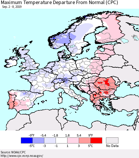Europe Mean Maximum Temperature Departure from Normal (CPC) Thematic Map For 9/2/2019 - 9/8/2019