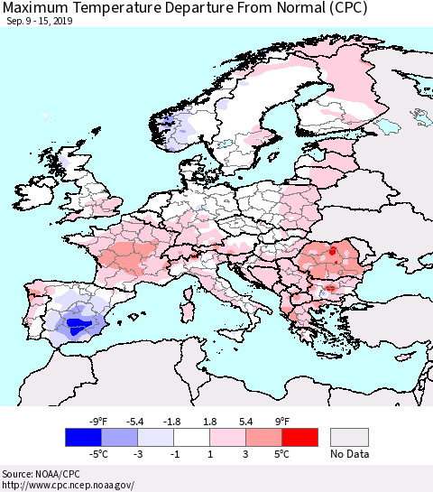 Europe Mean Maximum Temperature Departure from Normal (CPC) Thematic Map For 9/9/2019 - 9/15/2019