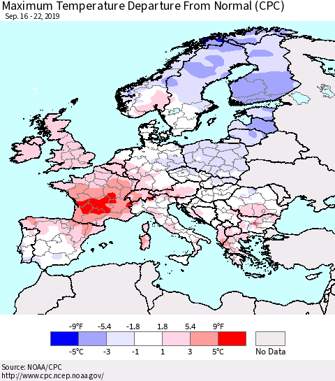 Europe Mean Maximum Temperature Departure from Normal (CPC) Thematic Map For 9/16/2019 - 9/22/2019