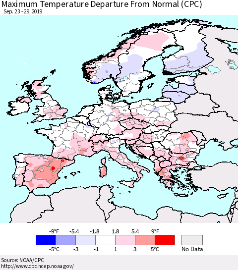 Europe Mean Maximum Temperature Departure from Normal (CPC) Thematic Map For 9/23/2019 - 9/29/2019