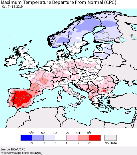 Europe Mean Maximum Temperature Departure from Normal (CPC) Thematic Map For 10/7/2019 - 10/13/2019