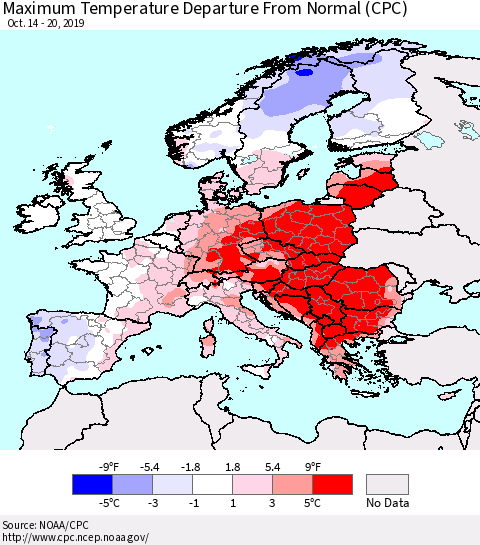 Europe Mean Maximum Temperature Departure from Normal (CPC) Thematic Map For 10/14/2019 - 10/20/2019