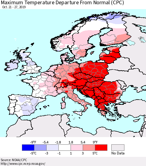 Europe Mean Maximum Temperature Departure from Normal (CPC) Thematic Map For 10/21/2019 - 10/27/2019
