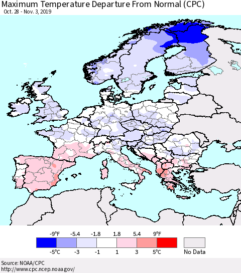 Europe Mean Maximum Temperature Departure from Normal (CPC) Thematic Map For 10/28/2019 - 11/3/2019