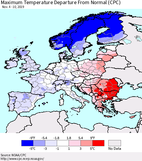 Europe Mean Maximum Temperature Departure from Normal (CPC) Thematic Map For 11/4/2019 - 11/10/2019