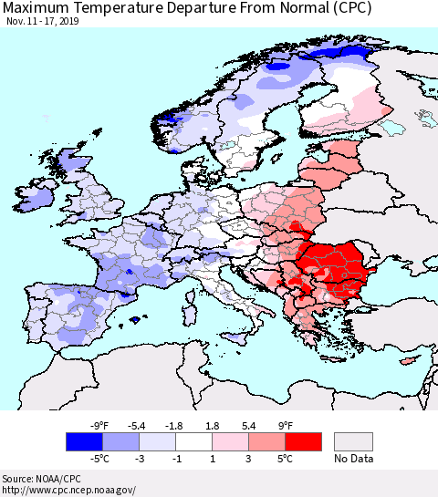 Europe Mean Maximum Temperature Departure from Normal (CPC) Thematic Map For 11/11/2019 - 11/17/2019