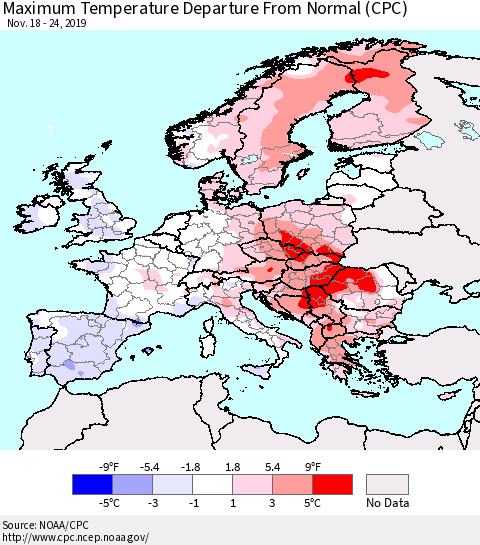 Europe Mean Maximum Temperature Departure from Normal (CPC) Thematic Map For 11/18/2019 - 11/24/2019