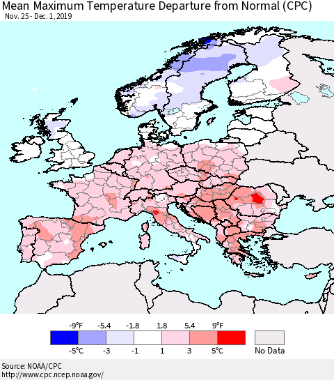 Europe Mean Maximum Temperature Departure from Normal (CPC) Thematic Map For 11/25/2019 - 12/1/2019