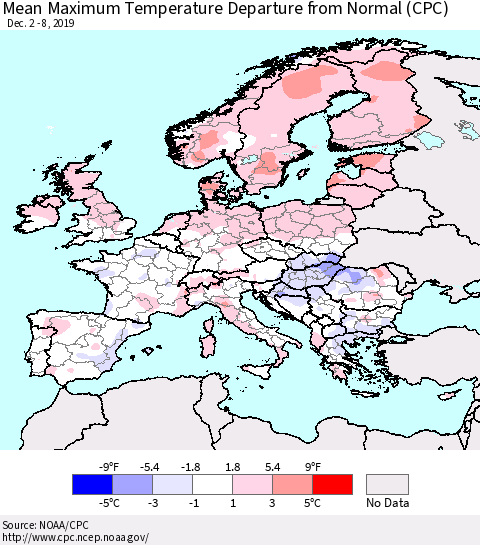 Europe Mean Maximum Temperature Departure from Normal (CPC) Thematic Map For 12/2/2019 - 12/8/2019