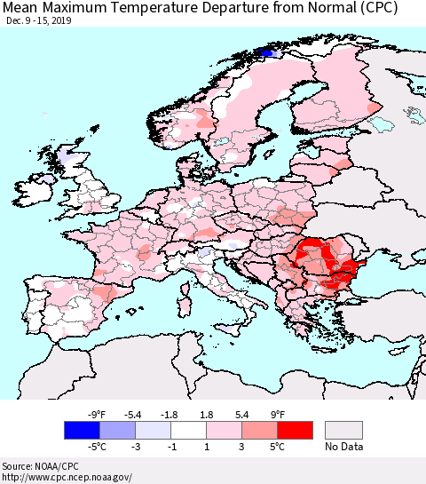 Europe Mean Maximum Temperature Departure from Normal (CPC) Thematic Map For 12/9/2019 - 12/15/2019