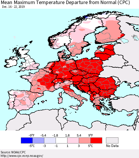 Europe Mean Maximum Temperature Departure from Normal (CPC) Thematic Map For 12/16/2019 - 12/22/2019
